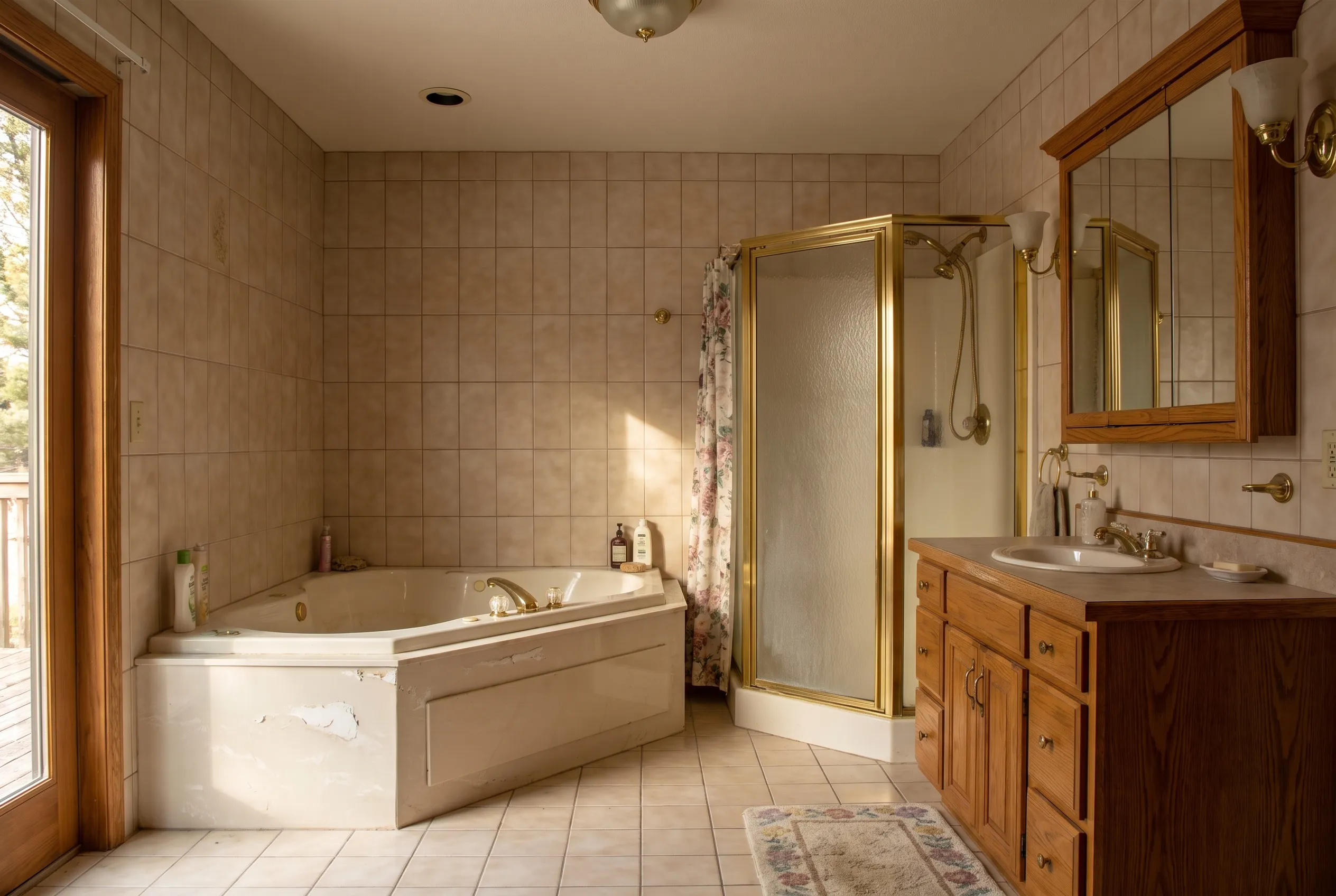 An Oakville ensuite before renovation in standard 1990s builder spec, with a corner jetted tub, a small framed shower and a bulkhead hiding ductwork