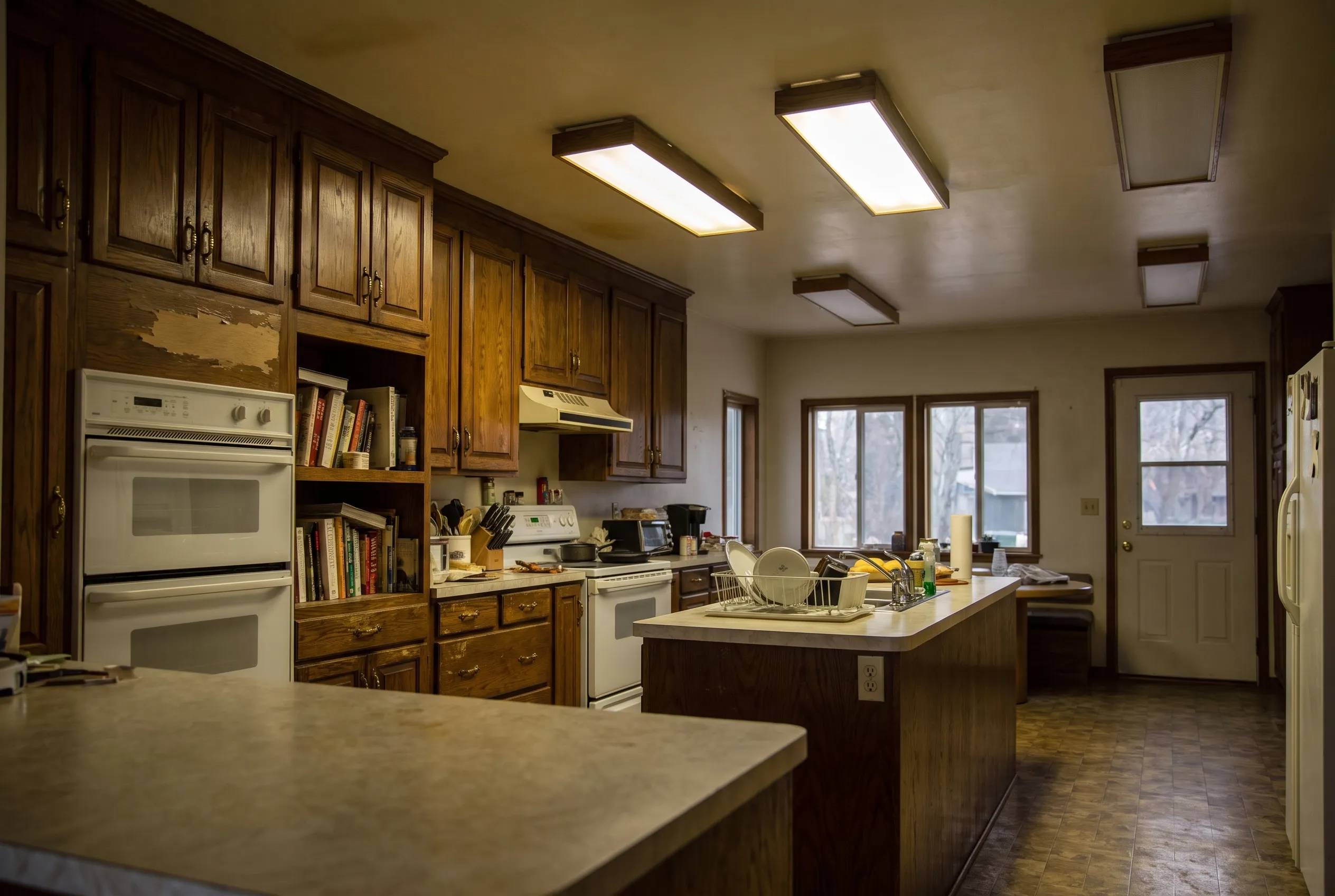 A closed-off 1960s kitchen in a Toronto side-split before renovation, run on a single 15-amp circuit with a half-inch step at the dining room
