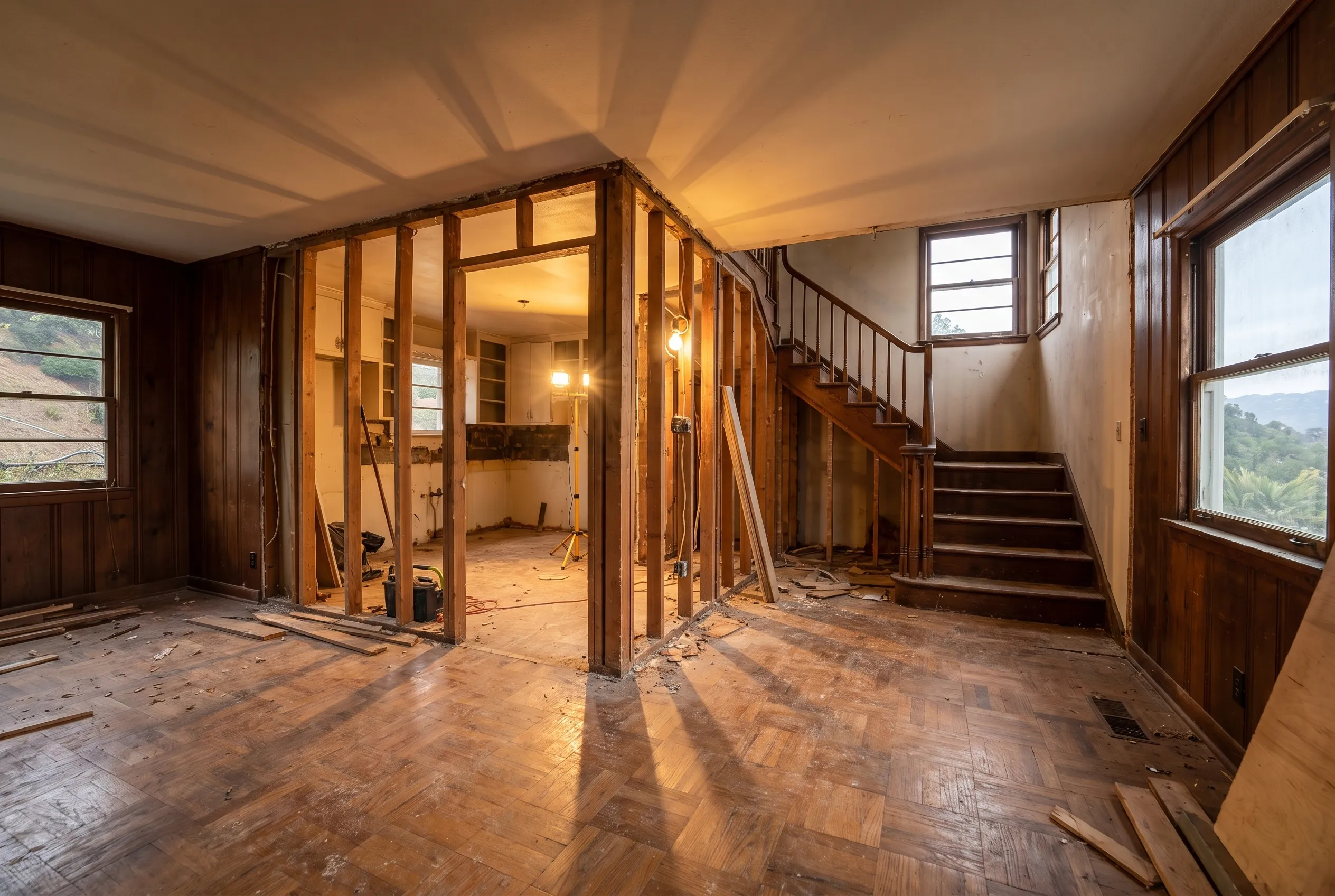 Interior of a 1950s Etobicoke bungalow before renovation, with original knob-and-tube wiring exposed in the ceiling cavity and a sagging original subfloor