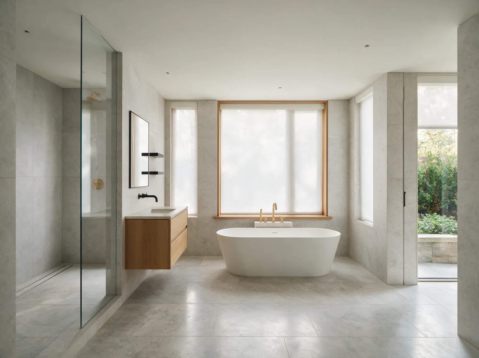 A finished bathroom renovation in stone tile, with a curbless glass shower, freestanding tub and a wall-hung oak vanity