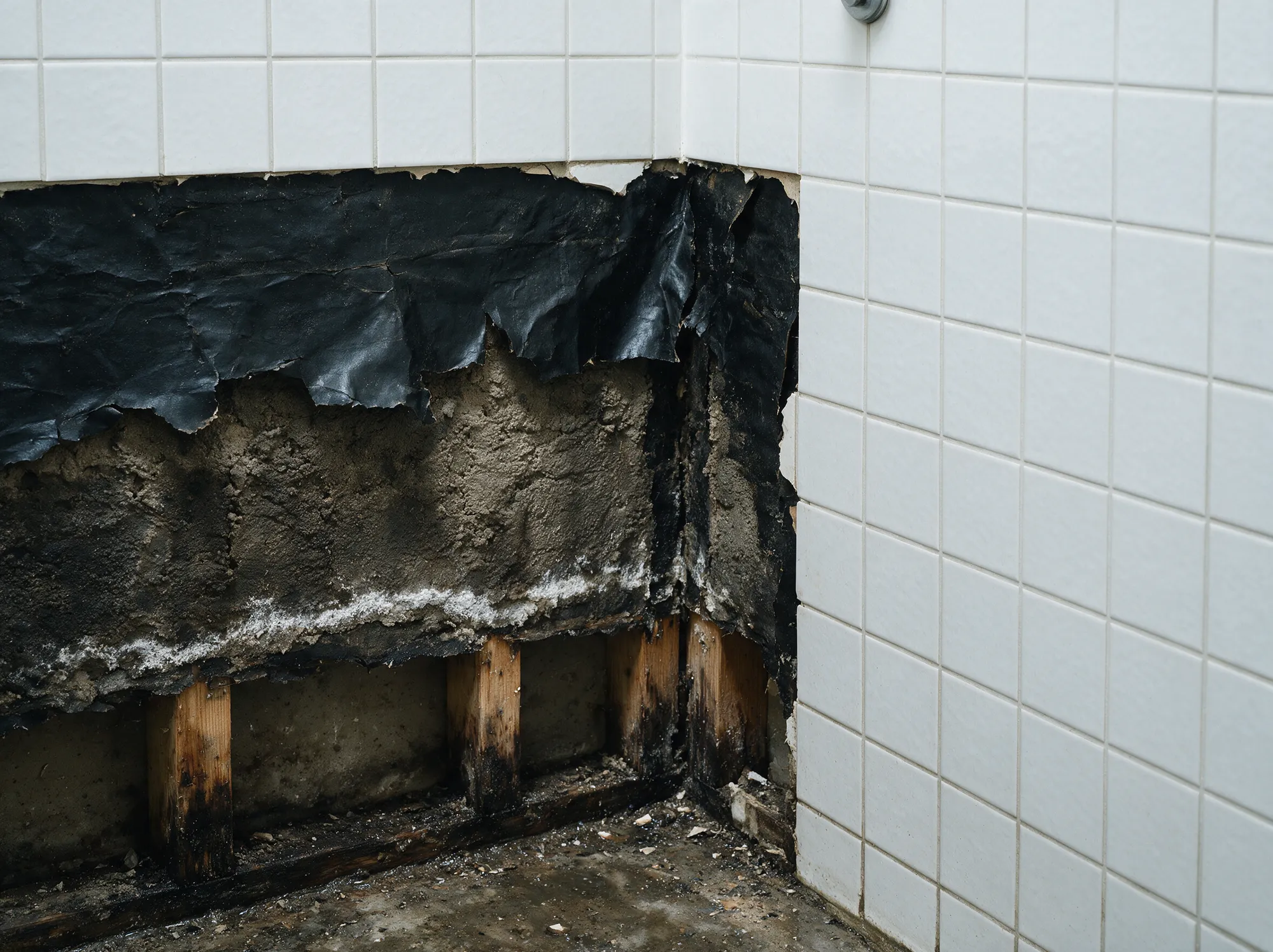 A tiled bathroom wall opened at the base, showing waterproofing membrane that stopped short of the floor above blackened mortar and rotted studs