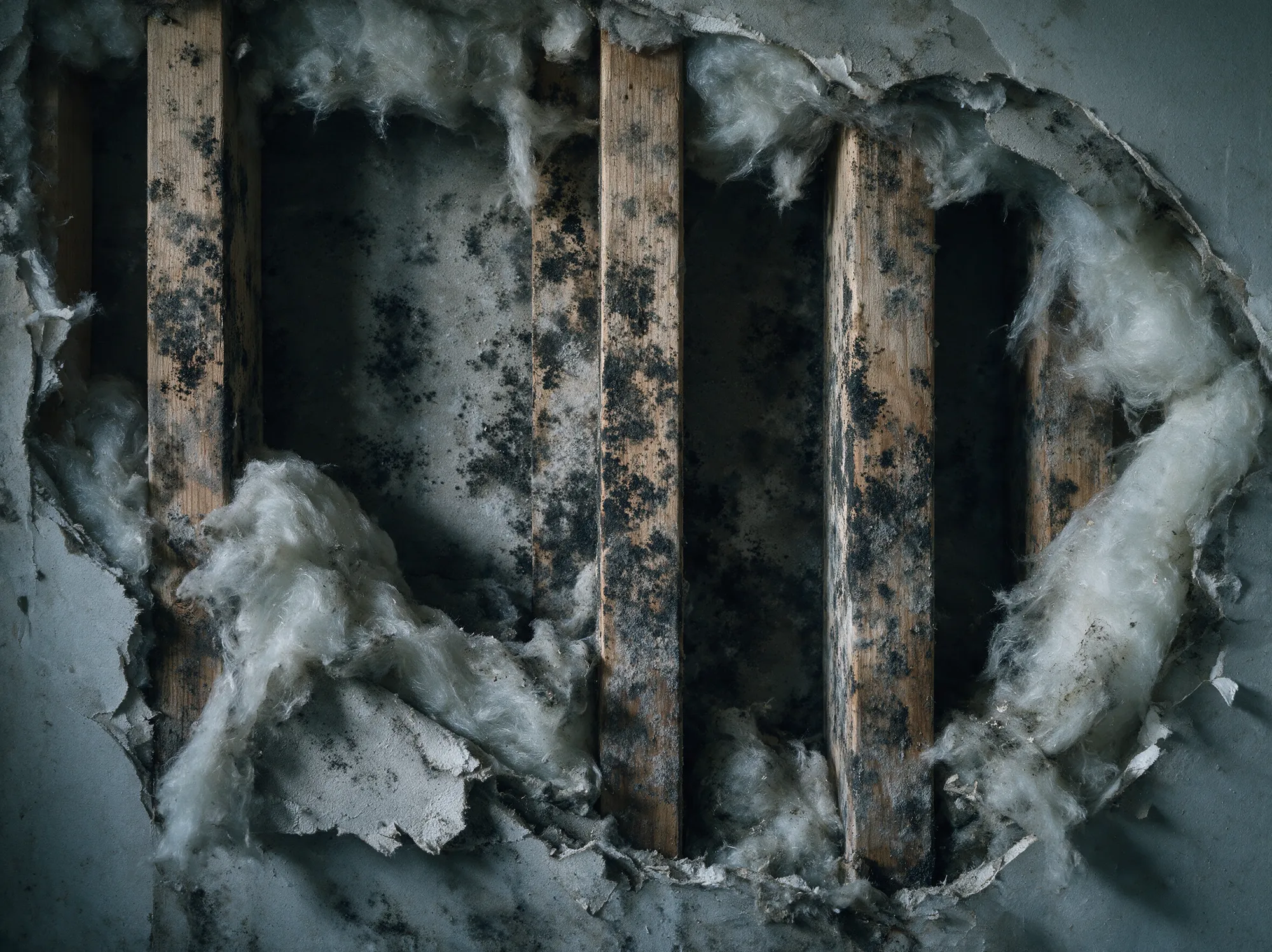 A wall cavity opened to reveal black mold across the studs and sheathing behind pulled-back fibreglass insulation