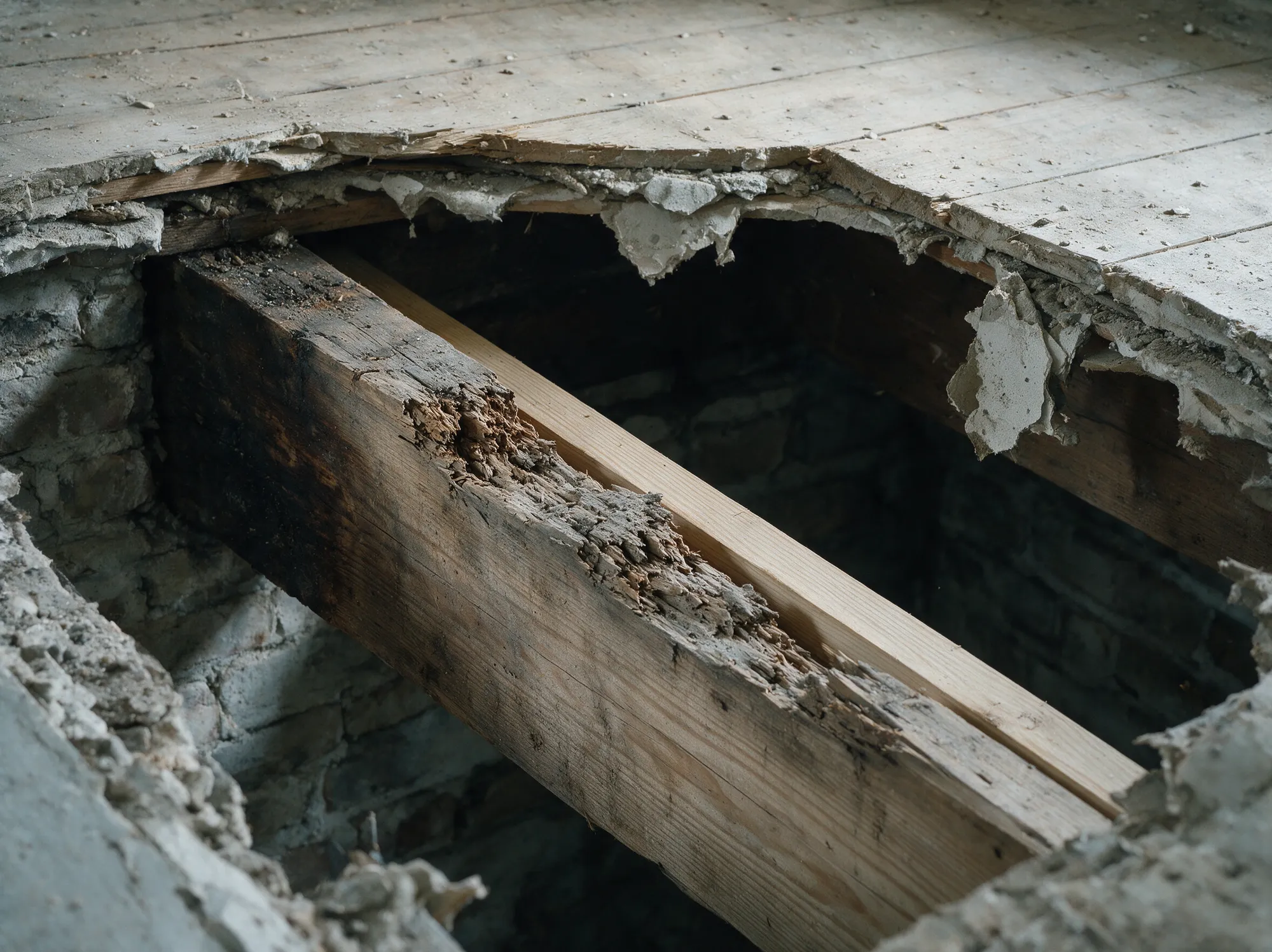 A floor opened to expose a joist that has lost section to rot, with crumbling timber alongside sound new lumber