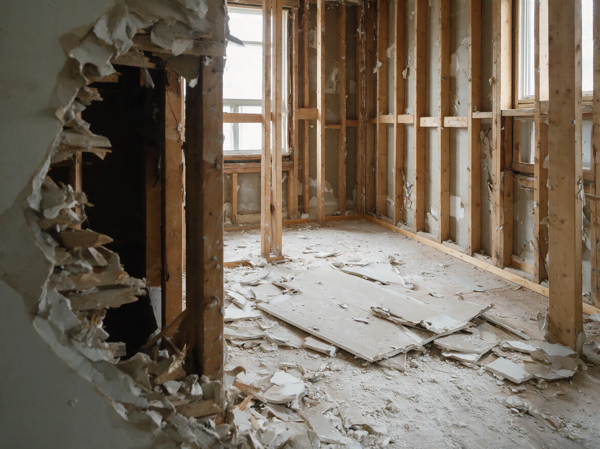 Interior stripped to the studs after water damage